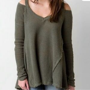 Free People Moonshine Cold Shoulder Sweater in Military Green
